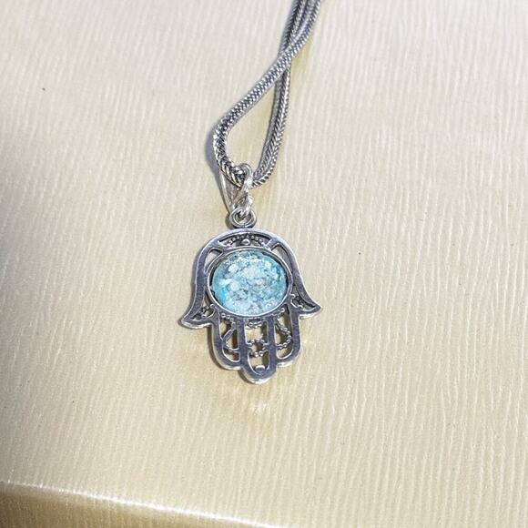 Shamay and Benlulu Chai in Hamsa Necklace silver 925 Roman glass center accent - Picture 4 of 8